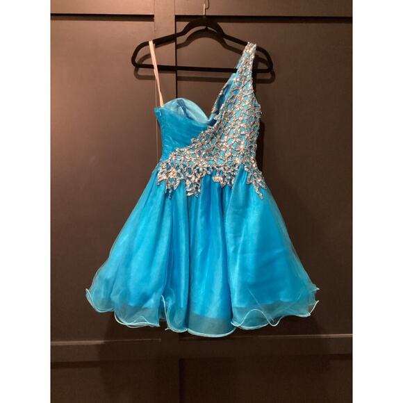 Sherri Hill Short Turquoise One Shoulder Prom glam Homecoming Balloon Dress 4 - Picture 9 of 11